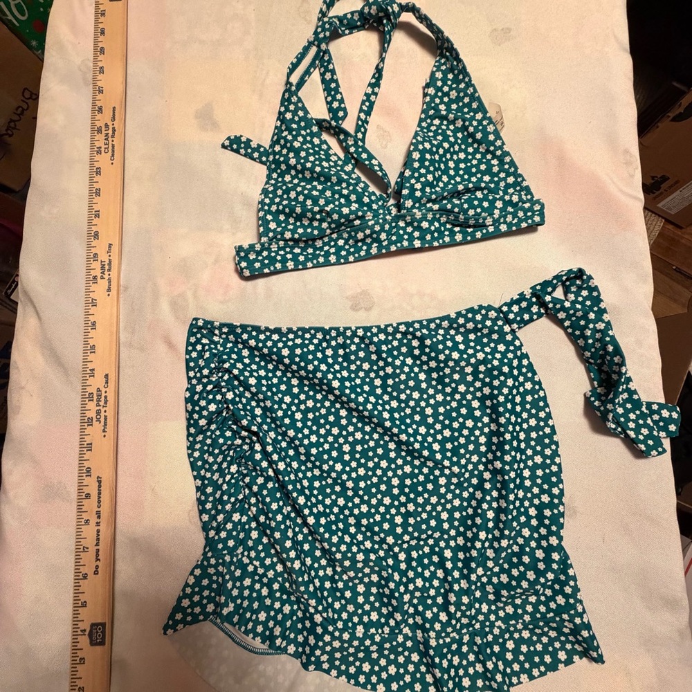 Teal Floral Triangle Bikini Top and Skirt Set